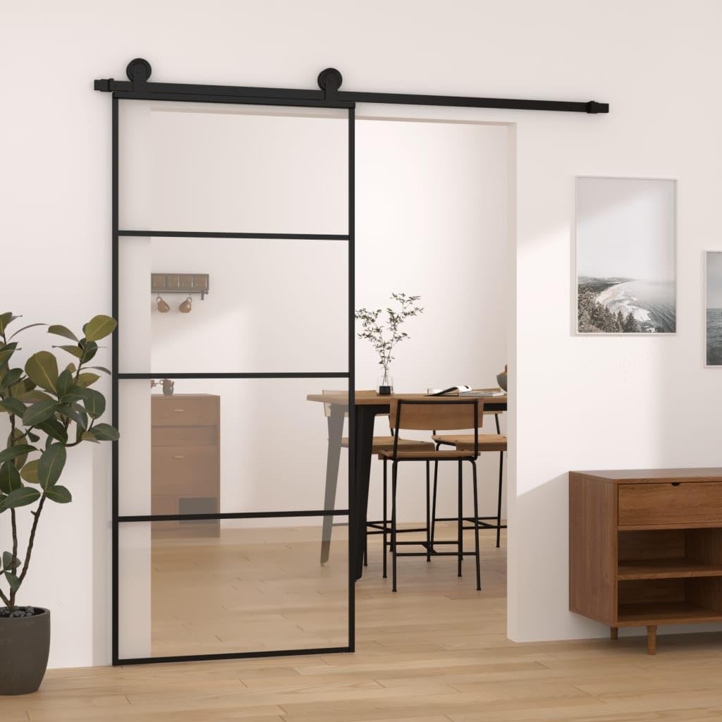 Puerta Corrediza de Vidrio, Vidrio Templado de Seguridad y Aluminio, Puerta Corrediza con Herrajes para Uso Interior (3 horizontal bars)