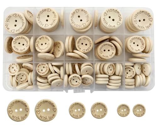 140Pcs Wood Buttons Set for Sewing and15mm 20mm 25mm Crafting Handmade with Love Wooden Button (Natural-Mixed Size-140Pcs)