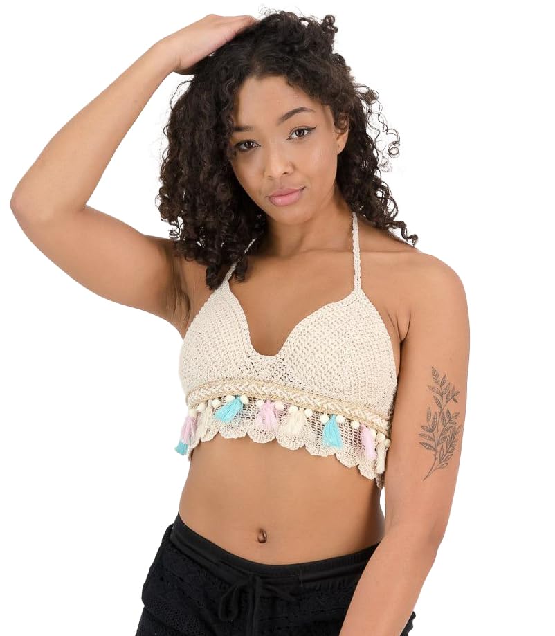 Women's Crochet Halter Neck Padded Bikini Tops Backless Lace Up Beachwear Bralette Crop Top (One Size XS-S-M) Bust 28-34 Inch-image-31