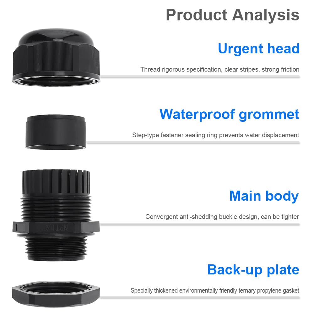 RTNLIT 1-1/4" NPT Cable Gland, IP68 Waterproof, 5-Pack | Adjustable Nylon Plastic Strain Relief Cord Connectors with Gaskets