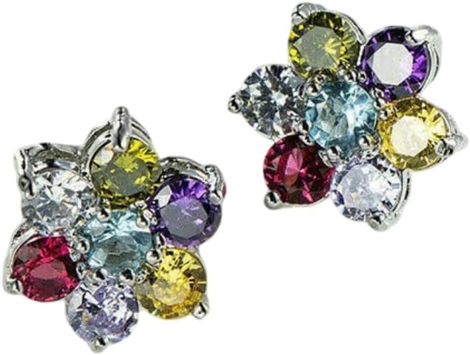 Cubic Zirconia 1.50Ct Round Cut Multi-Color Cluster Flower Stud Earrings in 925 Sterling Silver with 14K White Gold Over