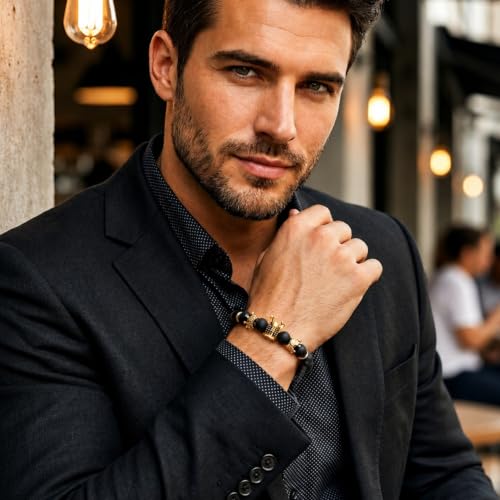 Image of Young & Forever Alpha Domain Natural Stone Beaded Bracelet for Men - Men's Hand Kadas & Healing Crystal Bead Bracelets with Metallic Charms (Pack of 1)