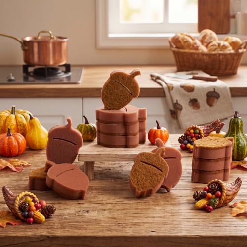 Image of Tioncy 12 Pack Acorn Kitchen Sponges Bulk Dual Sided Scrubber Brown Acorn Sponges Reuseble Non Scratch Dishwashing Kitchen Cleaning Accessories for Pot Boiler Pan Household