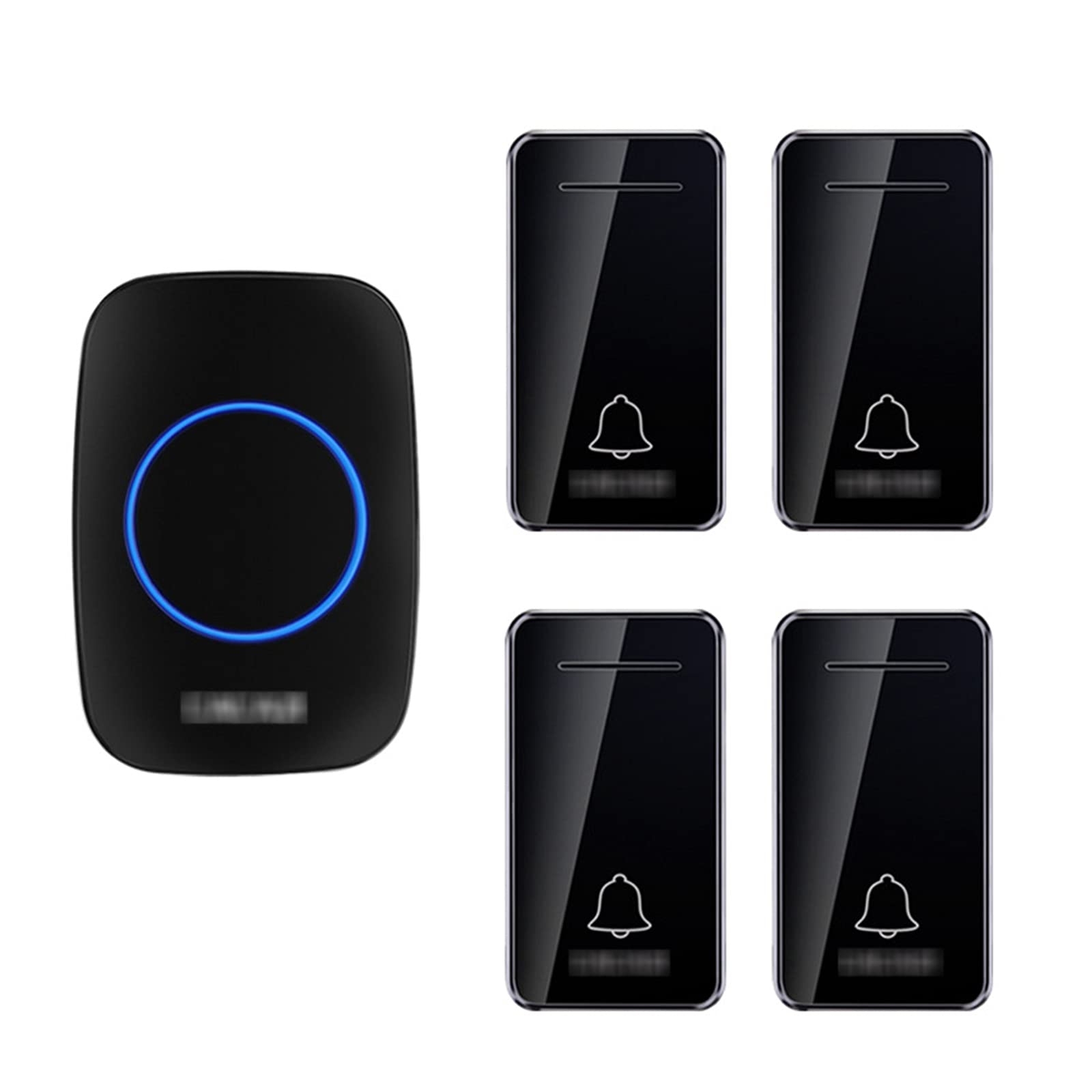 Timbre inalámbrico, 4 botones con 1 receptor de enchufe de pared, IP44 impermeable, kit de 36 campanillas, para oficina en casa, blanco, negro (negro)