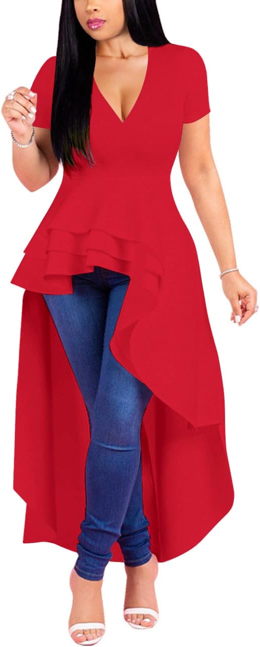 Lrady Womens V Neck Short Sleeve High Low Cocktail Party Dresses Peplum Tunic Tops Shirt Dress - Image 3