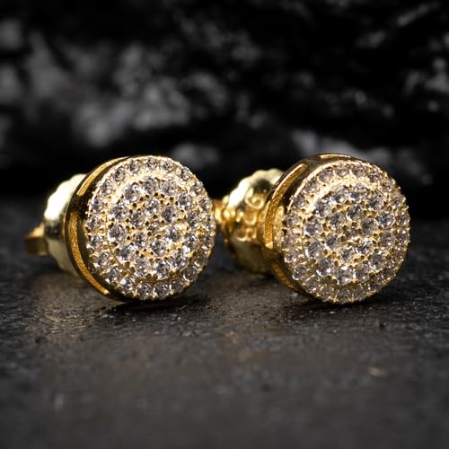 Yellow Gold Plated 925 Sterling Silver Flower Cluster Honey Comb Set Hip Hop Iced 5A Cz Hypoallergenic Trendy Round Stud Screw Back Circle Earrings.4