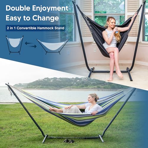 Image of SUNCREAT 2-in-1 Convertible Hammock with Stand, Light Green Stripes