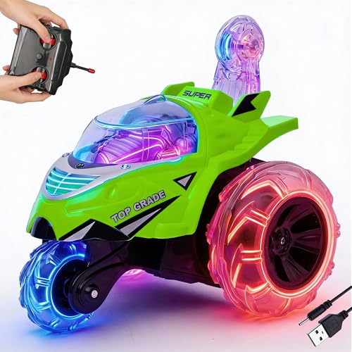 Image of Gooyo GY-0242 Rechargeable Stunt Car Toy for Kids with Tornado Rotation, Reverse Drive Function, Demo Mode, Lighting Effect & Music | Remote & USB Included | Power Source: in-Built Battery | Green