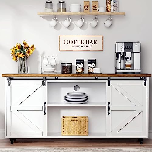 Hombck Farmhouse Coffee Bar Cabinet, Sideboard Buffet Cabinet With Storage, White Coffee Bar Kitchen Storage Cabinet With Sliding Barn Doors, Sideboard Cabinet For Living Room, Entryway, White #TOP3