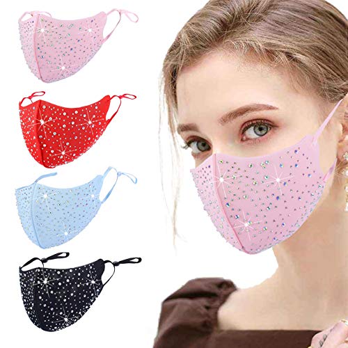 4 Pcs Sparkle Rhinestone Face Cloth Mask For Women, Stylish Glitter Reusable Black Pink Red Blue Breathable Sequin Designer Adjustable Washable Bling Diamond Crystal Masquerade Fancy Beauty Cute