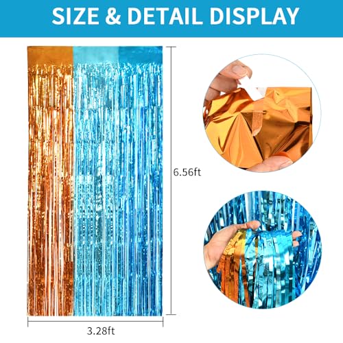 Image of TONIFUL Orange Blue Door Streamers,Blue and Orange Photo Booth Backdrop Metallic Streamers Foil Fringe Curtain for Birthday,New Year,Graduation,Grad,Bachelorette Party Streamers Decoration
