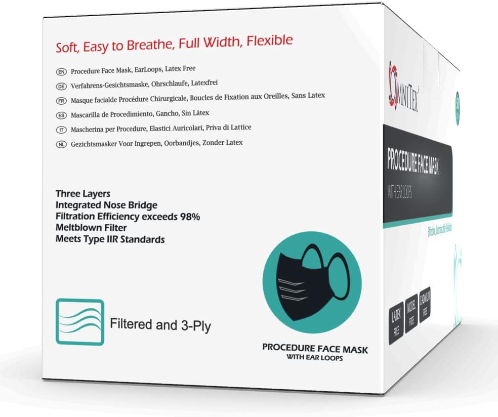 British Brand | Omnitex BLACK 3ply Premium Type IIR Disposable Surgical Face Mask | EN14683:2019 | 98% Filtration, Fluid Resistant, Medical Face Mask 2R with Ear Loops - Pack of 50