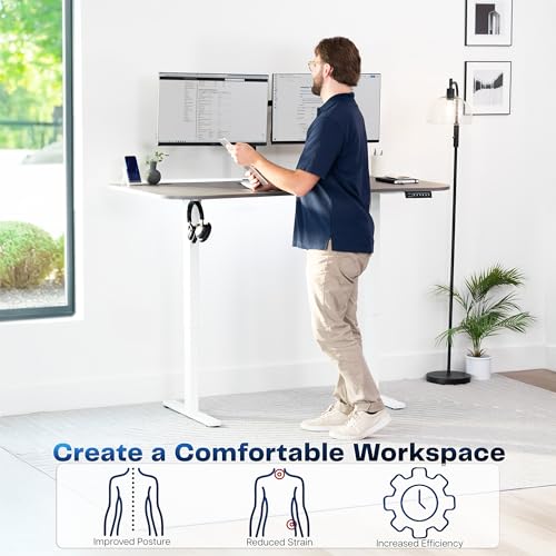Image of VIVO Dark Gray 63 x 32 in Standing Desk, DESK-KIT-1W1G | Electric, Holds 220 lbs, Sit Stand Up, Height Adjustable, Home Office, Memory Presets, 1B Series, White Frame
