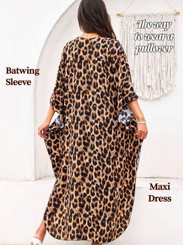 Print Moo-Moos for Women, Kaftan Cover-Up Dresses, Sexy V-Neck High-Slit, Beach Pool-Party Coverups Muumuu Plus3