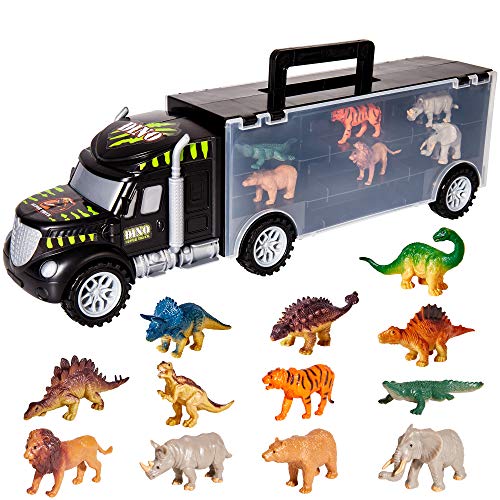 HERSITY Dinossauros Camiões de transporte de brinquedo, transportador, com 6 animais e 6 dinossauros, jogos para meninos e meninas