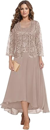 HANVAIOS 2 Piece Mother of The Bride Dresses for Wedding Tea Length Lace Chiffon Formal Evening Gown with Sleeves Jacket