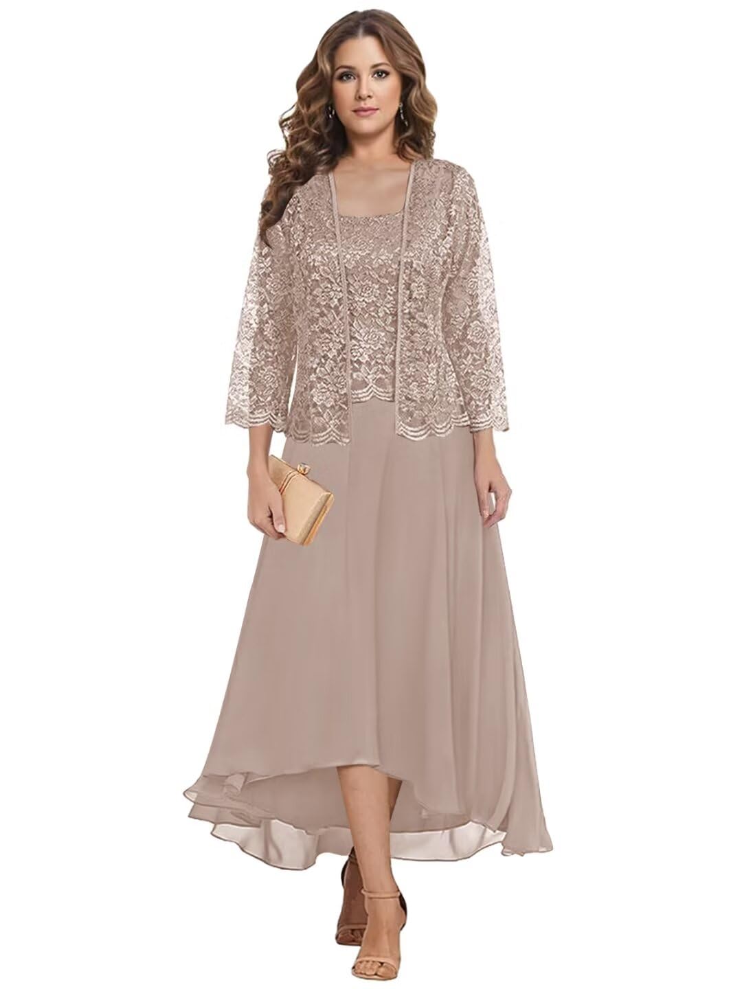 HANVAIOS 2 Piece Mother of The Bride Dresses for Wedding Tea Length Lace Chiffon Formal Evening Gown with Sleeves Jacket