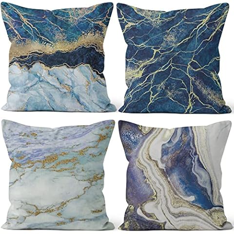 MIRRORANG Navy Blue Throw Pillow Covers Gold Turquoise Marble Throw Pillow Covers Marble Sea Crystal Texture Pattern Cushion Covers for Home Office Bed Couch Decor 16x16 inches, Set of 4 Cover