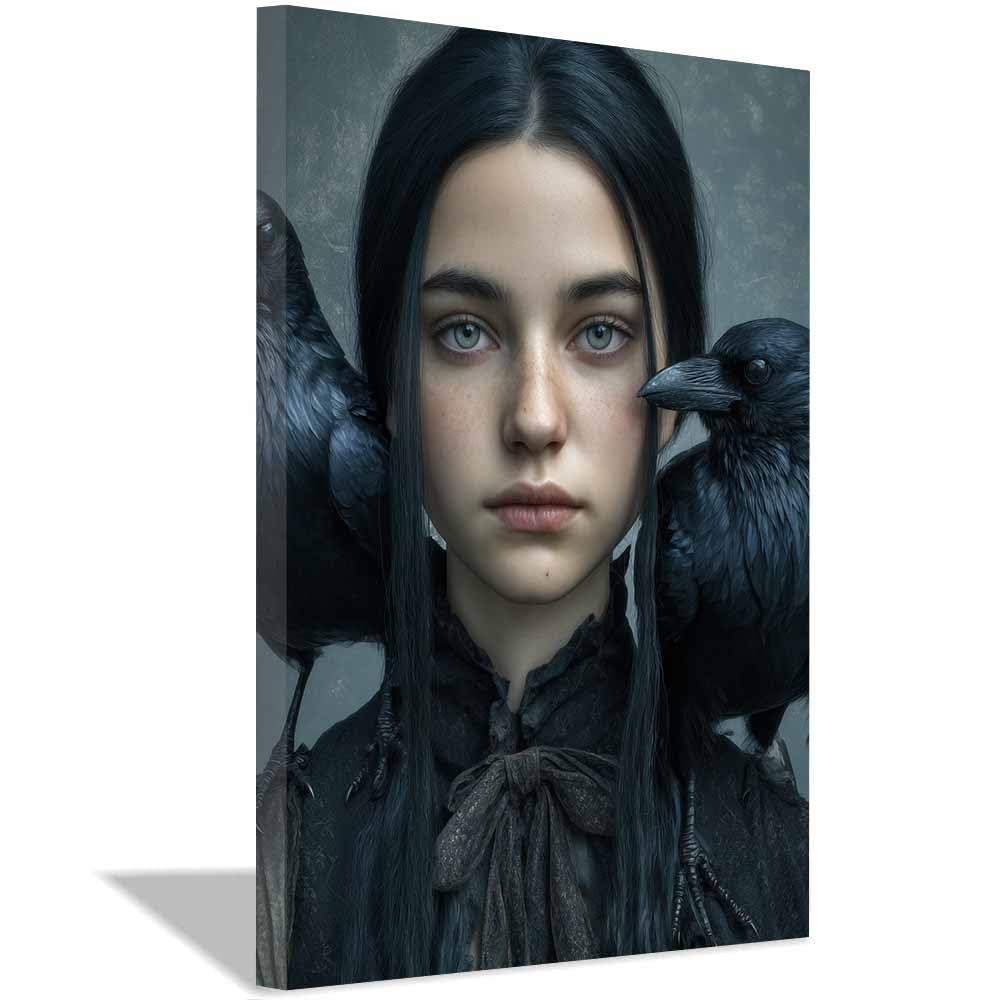 CUDAOO Dekoracje na przyjęcie halloweenowe druk na płótnie straszny towarzysz dziewczyny kruk obraz dekoracja ścienna salon sypialnia łazienka (czarny 214)-70 x 100 cm oprawione