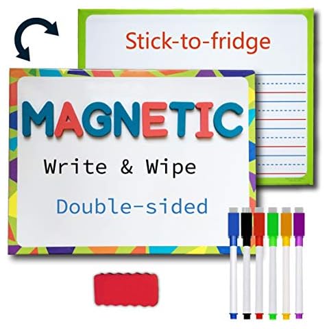 Lined Magnetic Dry Erase Board for Kids with 6 Markers, Premium Double-Sided Dry Erase Lapboard for Learning Writing and Drawing - Stick to Fridge - 9 X 12 Inch Small White Board for Kids with Eraser Cover