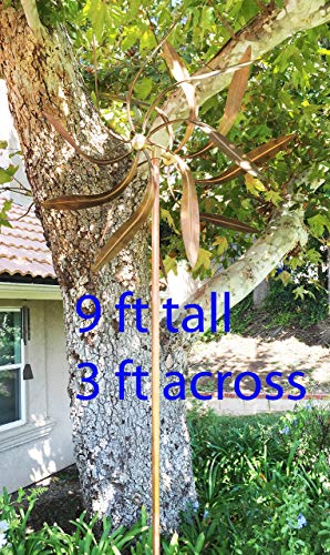 Stanwood Wind Sculpture: Large Kinetic Copper Dual Spinner - Dancing Willow Leaves Jumbo Version (3-ft Across, 9-ft Tall)