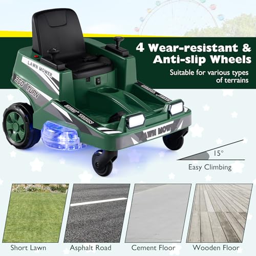 Costzon Ride on Lawn Mower for Kids, 12V Toddler Electric Car with 360° Twist and Turn, Dual Control Sticks, LED Lights, Outdoor Ride on Toy Gift for Boys & Girls Aged 3-8 (Dark Green) - Image 5