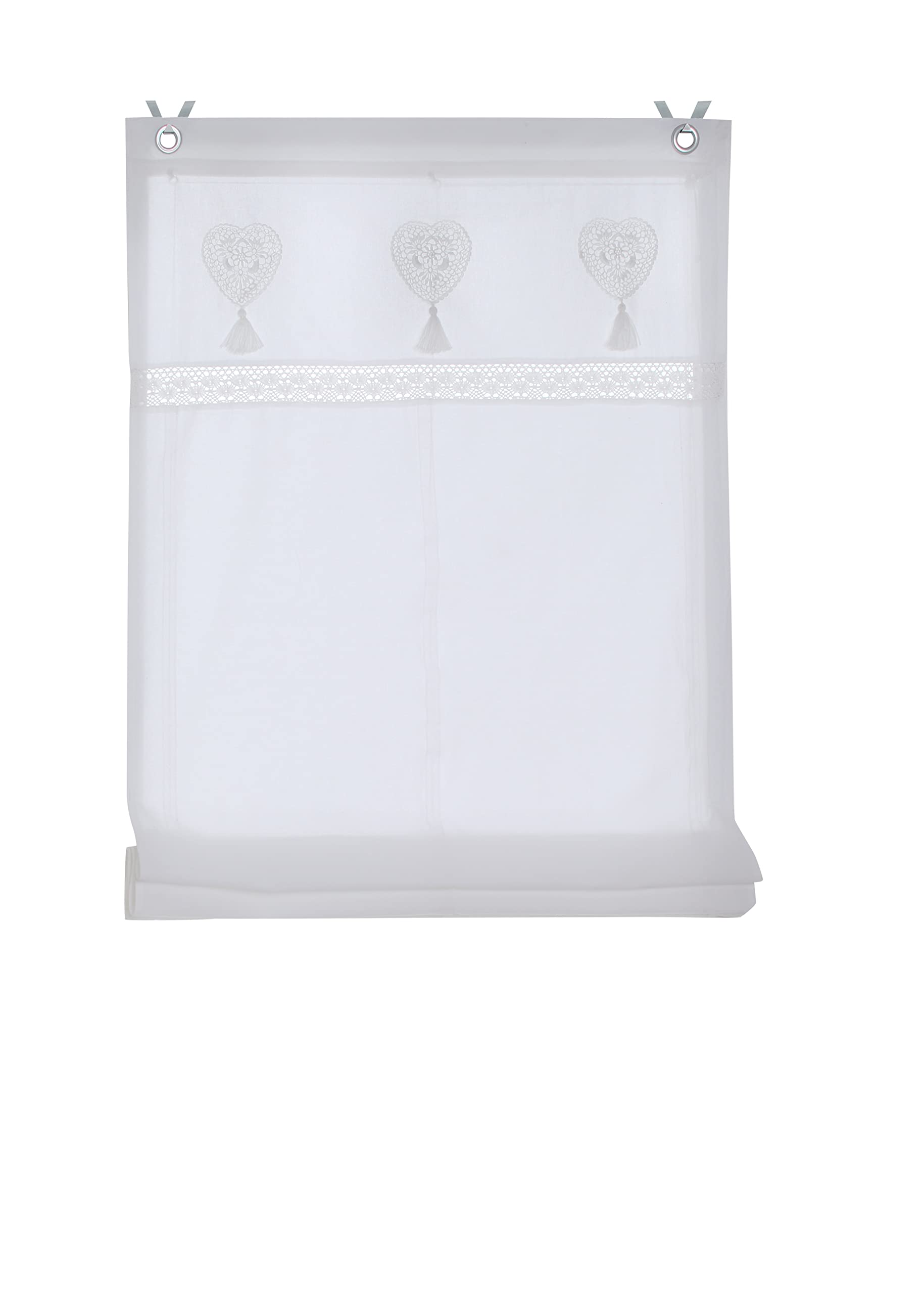 Store bateau Camille romantique broderie dentelle cœur oeilets sans perçage blanc 80 x 140 cm (L x H)