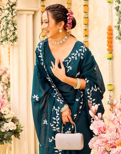 Image of SIRIL Women's Shimmer Georgette Embroidery & Scalloped Border Saree With Unstitched Blouse Piece
