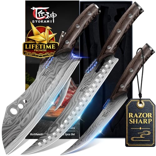 Fleischermesser Set, 3-teilig, Küchenmesser zum Schneiden von Fleisch, Hackmesser, Ausbeinmesser & Zerlegemesser, Japanischer Stil aus Hochkohlenstoffstahl, Zum Hacken, Schneiden, Ausbeinen