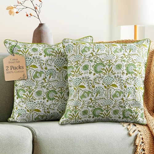 CPC 100% Cotton Throw Pillow Covers 16X16 Green Block Print Pattern Couch Pillow, Cute Boho Decorative Pillows for Living Room, Bedroom with Hidden Zipper- Coral Pink