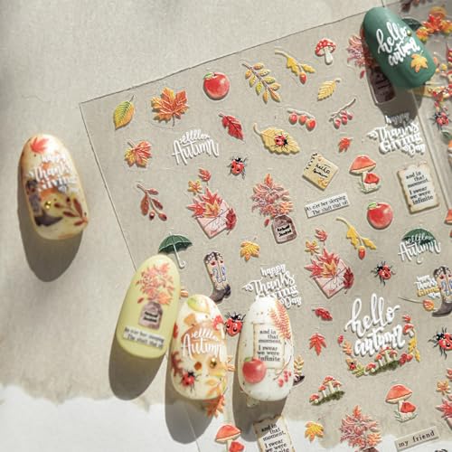 Image of Fall Nail Stickers Autumn Leaf Nail Art Decals Maple Leaf Nails Art Stickers 5D Embossed Self Adhesive Design Nails Supply for Women Girls Kid Manicure Decoration