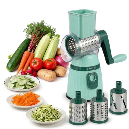 Ralador Rotativo Manual 3 em 1 com Manivela — Cortador e Fatiador de Legumes com 3 Lâminas em Aço Inox e Base com Ventosa, Ralador de Queijo, Cortador de Legumes, Utensílio de Cozinha Multifuncional