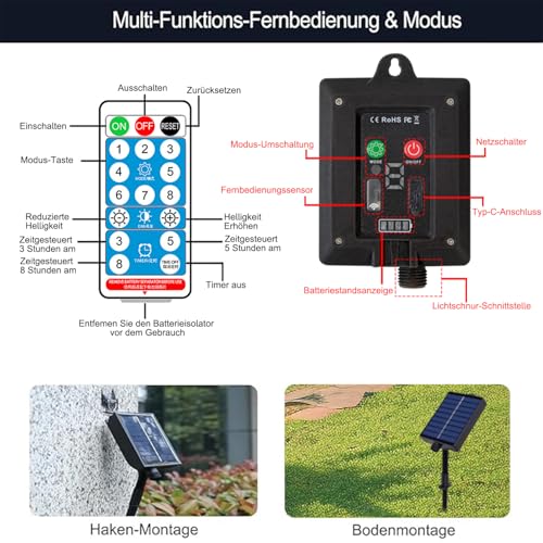 MOLVCE Solar Lichterkette Aussen, 10m 100LED Lichterkette Solar mit Fernbedienung, 8 Modi, Timer, USB-Kabel… – Ansicht 4