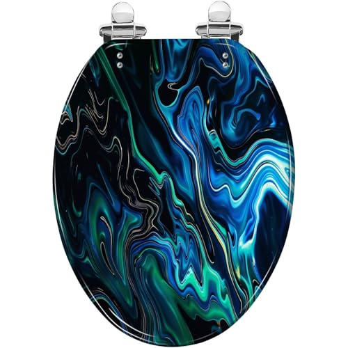 Elongated Toilet Seat Marble Green Abstract Texture Black Background Multi Colored Pattern Resin Toilet Seat Slow Quiet Close with Quick-Release Hinges Toilet Seat with Cover Easy to Clean Install