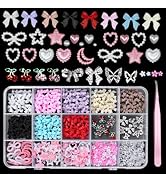 3D Nail Bows Charms and Flatback Pearls, 8 Colors Bow + Pink&White Star Heart Moon Pearl Nail Cha...