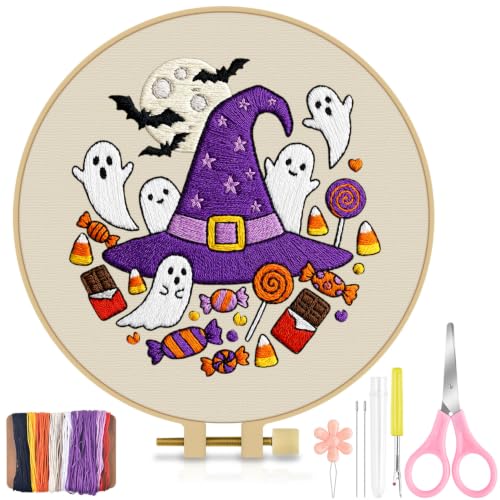 Image of TINDTOP Halloween Embroidery Kit for Adult, Embroidery DIY Starter Kit, with Stamped Patterns, Hoop, Tools, Colorful Threads with Needles, Instructions (Halloween C)