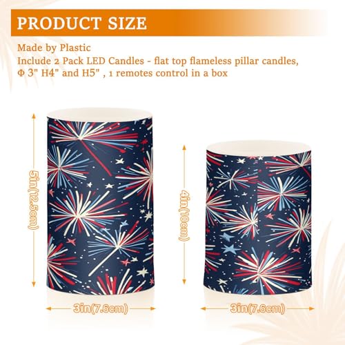 Image of ALAZA Fireworks Blue Red 4th July Flickering Flameless Candles Battery Operated with Remote Timer,Tea Light Candles LED Pillar Votive Patriotic Candles Set of 2 for Outdoor Indoor Decorations