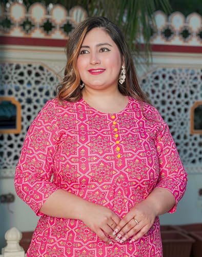 Image of Akiko Women's Pure Cotton Printed Kurti Straight Fit Casual & Office Wear Short Kurta for Women 3 /4th Sleeve Ethnic Top with Round Neck