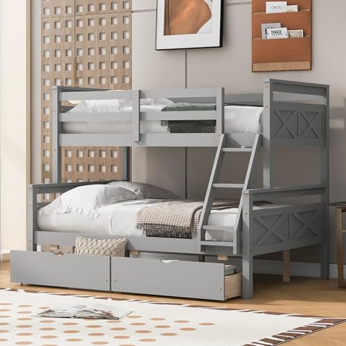 KUIKUI Twin Over Full Bunk Bed with Storage and Ladder, Bunk Beds for Kids, 2 Bunk Beds in 1, Bunk Bed with Stairs, Two Drawers and Safety Guardrail (Gray)