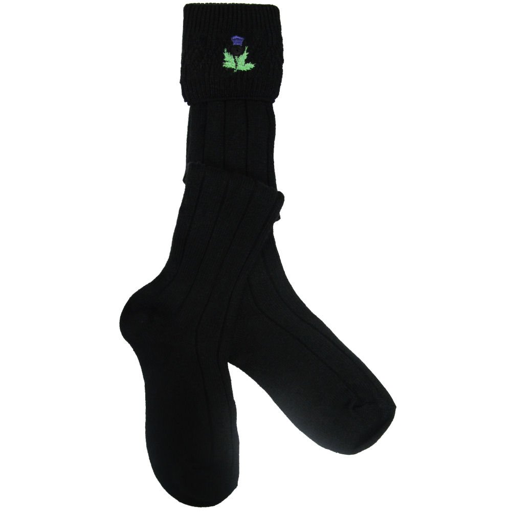 W. Brewin Black Kilt Hose/Socks With Scottish Thistle Embroidered Size 6.5-9