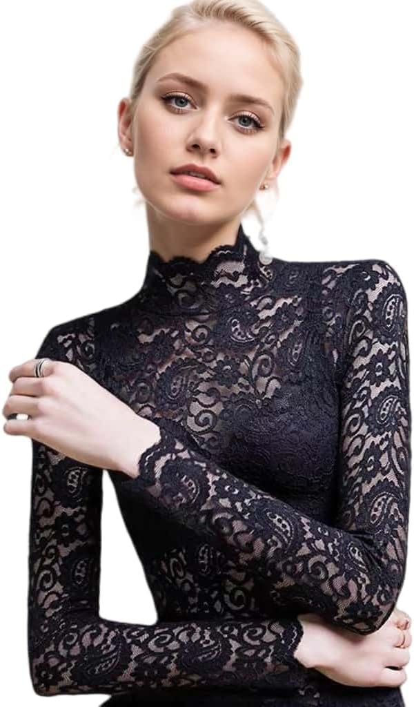 Women's Sexy Slim Fitting Long Sleeved Turtleneck Pullover Bottom Shirt Mesh Lace Perspectives T-Shirt Top
