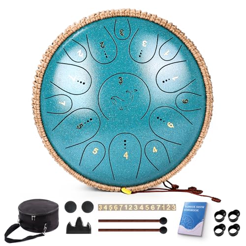 Steel Tongue Drum, 12 Inch 15 Note Tongue Drums, C Key Steel Percussion Instrument for Kid's Adults, Handpan Drum with Drum Mallet, Music Book and Carry Bag (Malachite Green)