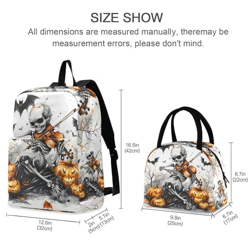 Backpack Lunch Bag Set Skeleton Bats Print, Big Storage Travel Backpacks with Insulated Lunch Box for Office Hiking Picnic2