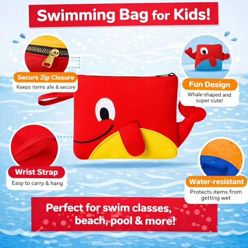 Image of Kids Swimming Bag | Whale Shape Red-Yellow Mini Travel Bag for Boys & Girls | Waterproof Preschool Nursery Tote with Wet Dry Separation | Storage for Clothes, Toys, Art Class, Dance & Beach