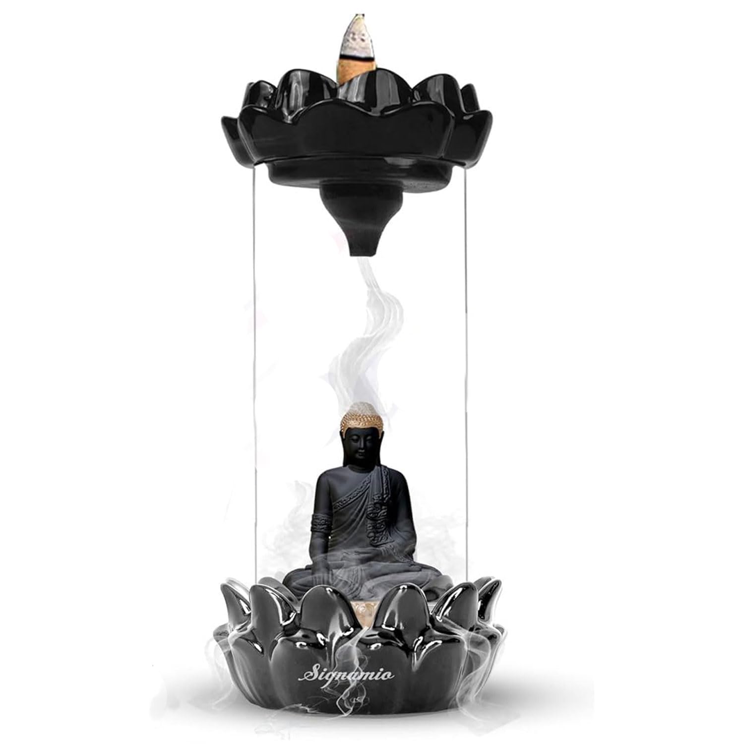 SIGNAMIO Ceramic Buddha Idols For Home Decor Backflow Smoke Fountain - Elegant Buddha Statue Design, Ideal Buddha Idol For Tranquil Ambiance In Your Home Or Office With 30 Cone, Black