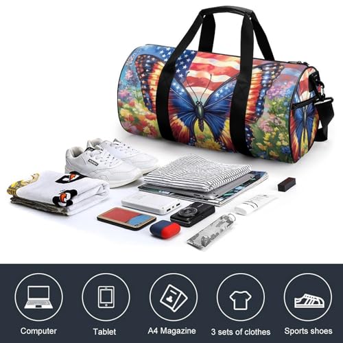 U.S Flag Butterfly Flower Gym Bag Travel Duffel Bag Lightweight Carry On Weekender Bag Tote Bags for Women Men4