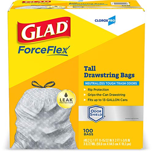 Glad ForceFlex Tall Kitchen CloroxPro Drawstring Trash Bags 13 Gallon Grey Trash Bag, Unscented 100 Count (70427) Package May Vary