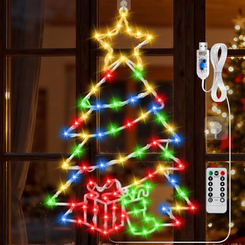 Herefun LED Luci Natalizie per Finestre, Luci da Appendere alle Finestre di Natale, LED Luci Decorazioni Natalizie per Finestre con Timer e Telecomando per Esterno Interni (L)