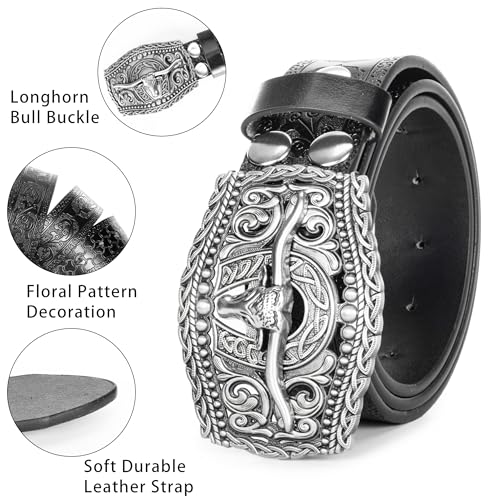 Image of UTOWO Western PU-Leather Cowboy Buckle Belt for Men and Women Jeans Engraved Floral Longhorn Bull Buckle Belt (25-38 inch waist)