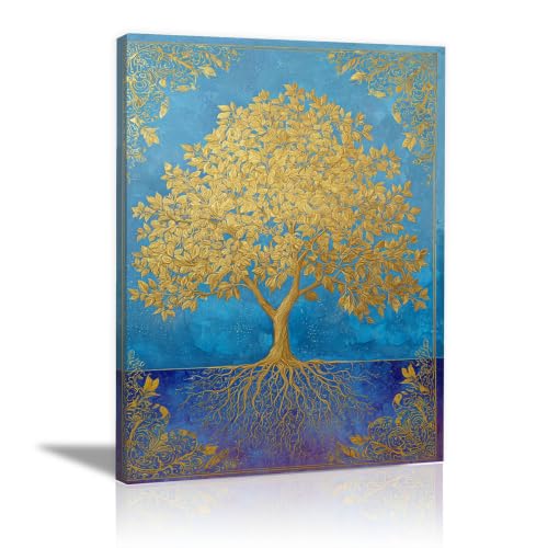 Cuadro de árbol abstracto para salón moderno azul y dorado TODOAA enmarcado
